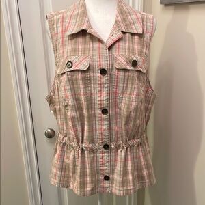 CJ Banks Tan and Pink Sleeveless Peplum Button Down